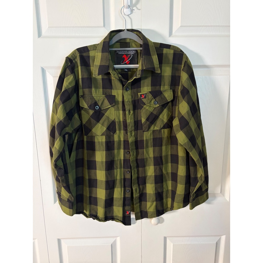 Milwaukee Leather Men XL Buffalo Plaid Flannel Shirt Olive Green Black Button Up